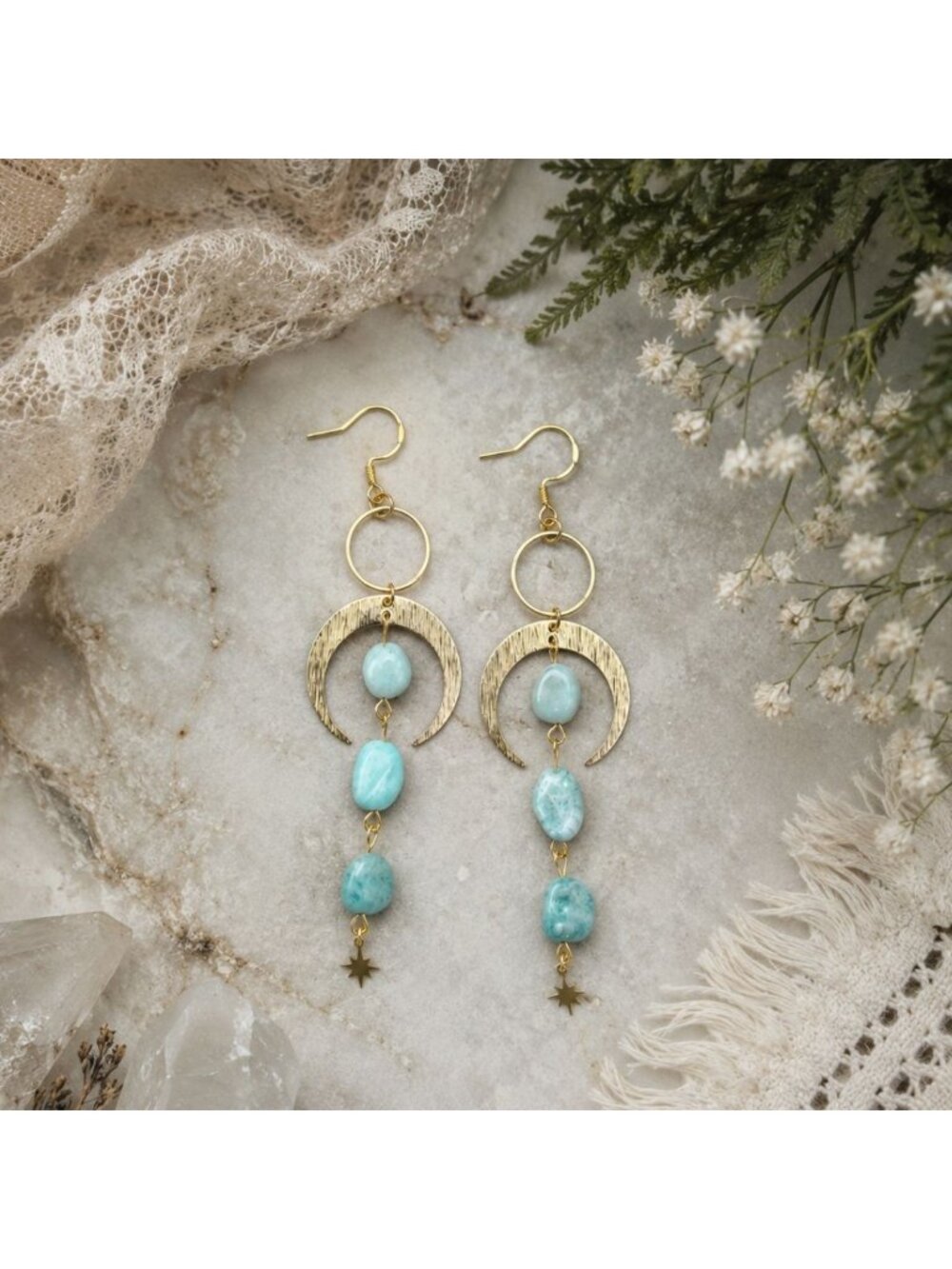 Amazonite Moon Earrings, Celestial Dangle Earrings, Natural Amazonite Jewelry - Picture 6 of 7